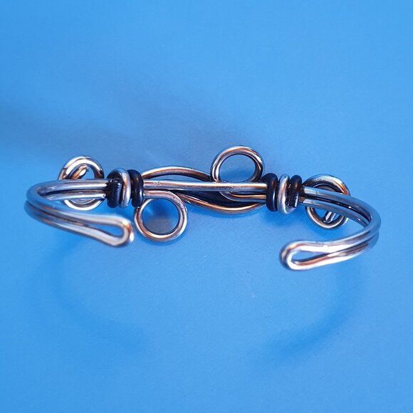 2.5'' Handcrafted Silver Wave Cuff Bracelet with Black Wire Accents Swirl Design - Picture 5 of 11